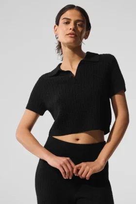 Camiseta polo de cachemira con tejido de panal — Negro