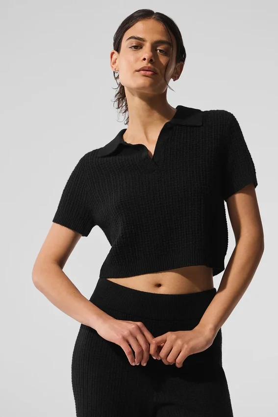 Camiseta polo de cachemira con tejido de panal — Negro