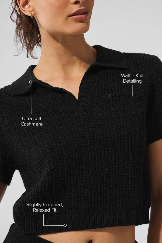 Camiseta polo de cachemira con tejido de panal — Negro