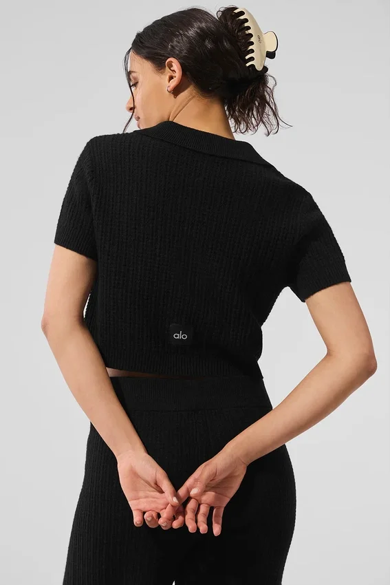 Camiseta polo de cachemira con tejido de panal — Negro