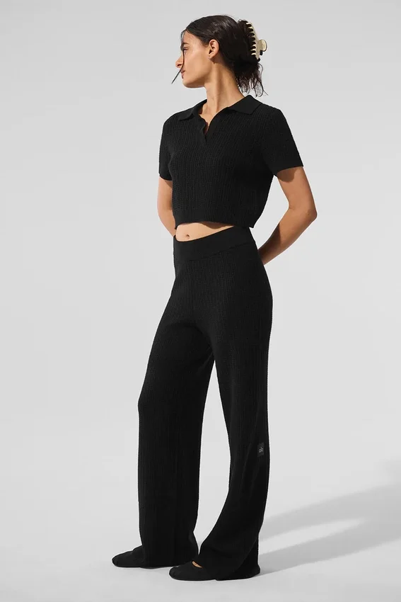 Camiseta polo de cachemira con tejido de panal — Negro