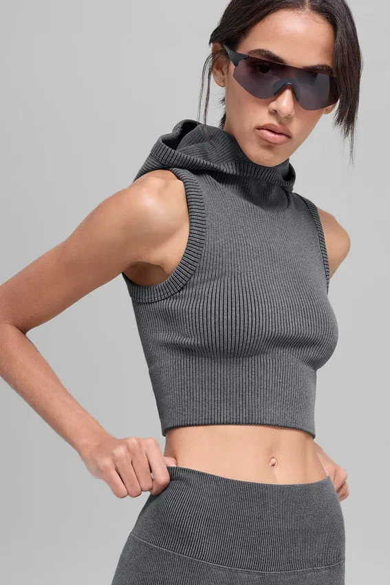 Chaleco con capucha de canalé sin costuras en dos tonos - Gris niebla oscuro jaspeado