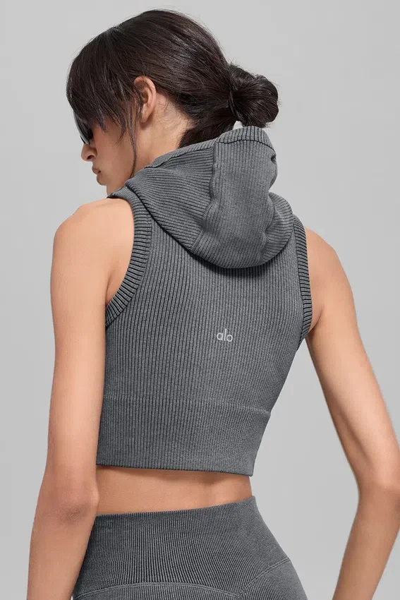 Chaleco con capucha de canalé sin costuras en dos tonos - Gris niebla oscuro jaspeado