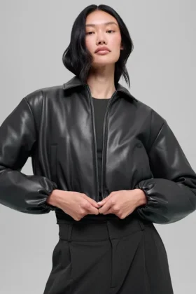 Chaqueta bomber corta «Premier» de imitación de piel - Negro