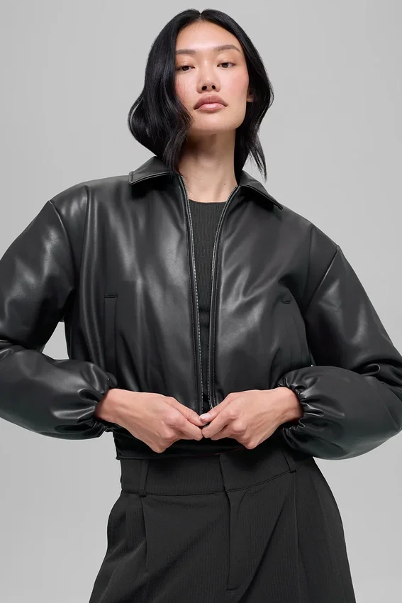 Chaqueta bomber corta «Premier» de imitación de piel - Negro