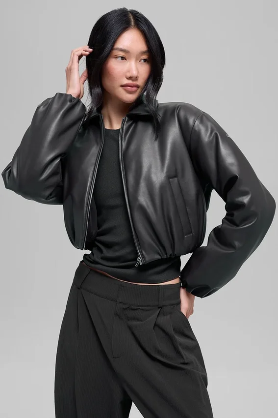 Chaqueta bomber corta «Premier» de imitación de piel - Negro