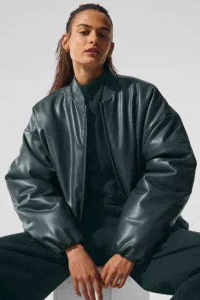 Chaqueta bomber Premier de imitación de piel - Verde carbón