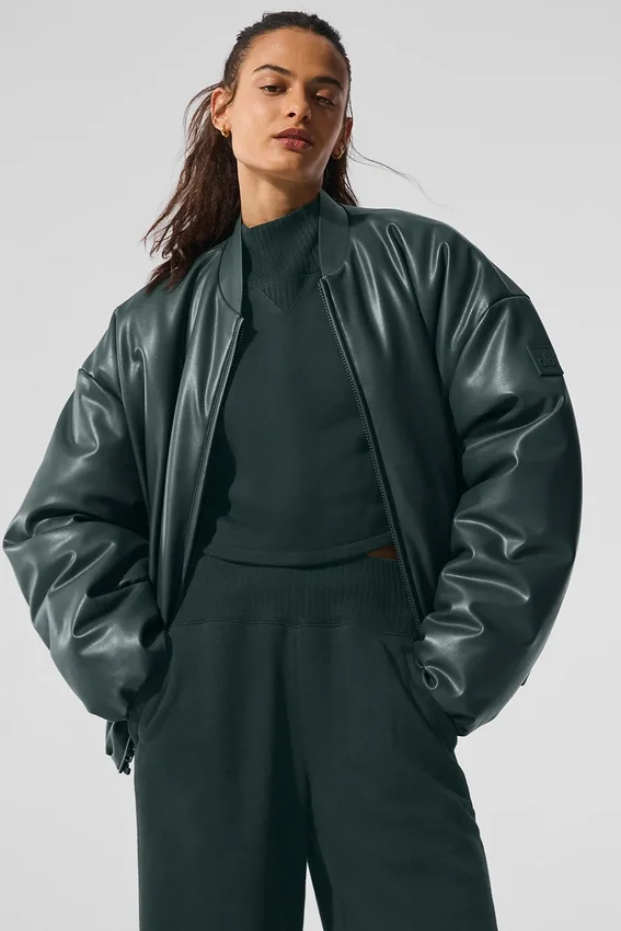 Chaqueta bomber Premier de imitación de piel - Verde carbón
