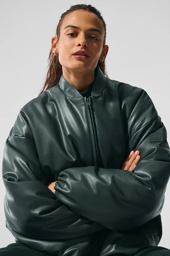 Chaqueta bomber Premier de imitación de piel - Verde carbón