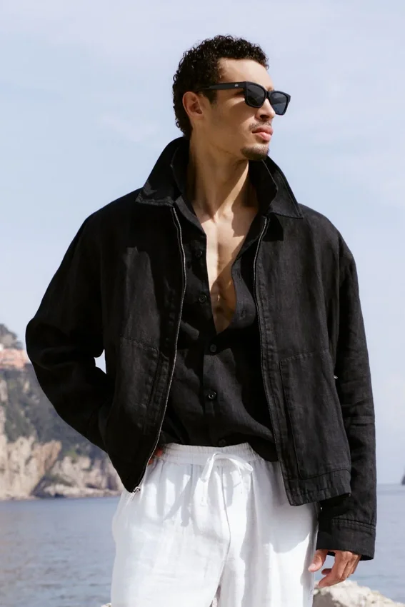 Chaqueta con cremallera completa Linen Days - Negro