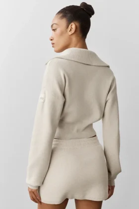 Chaqueta corta de punto Scholar con cremallera completa – Avena jaspeada