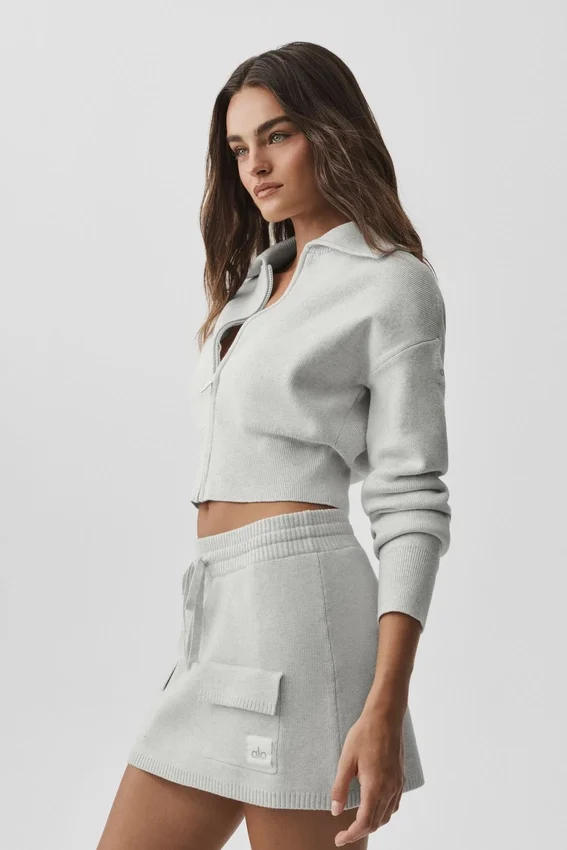 Chaqueta corta de punto Scholar con cremallera completa - Blanco jaspeado