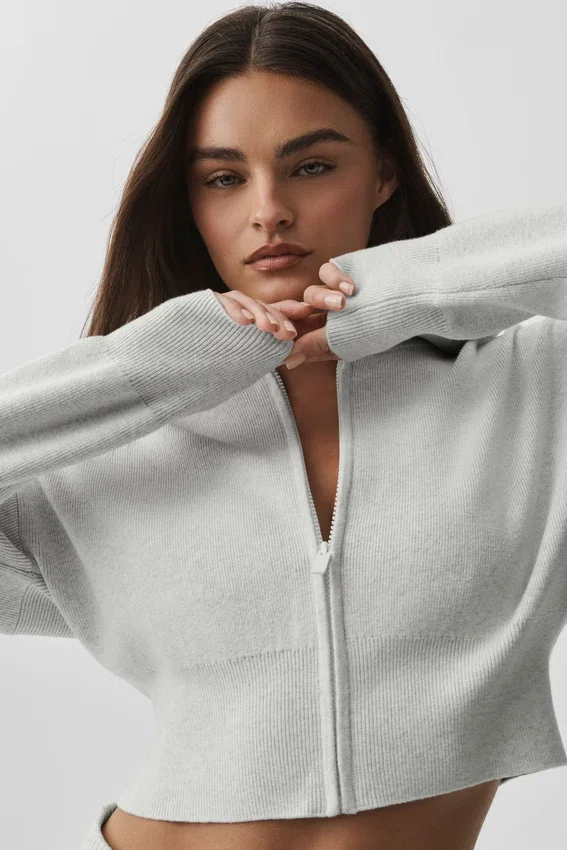 Chaqueta corta de punto Scholar con cremallera completa - Blanco jaspeado