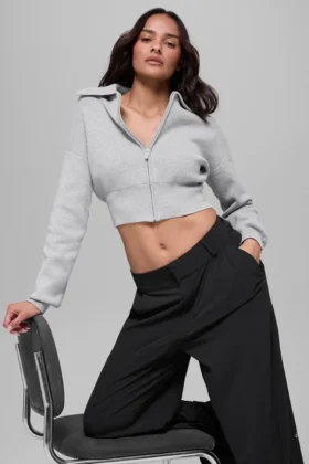 Chaqueta corta de punto «Scholar» con cremallera completa — Gris jaspeado deportivo