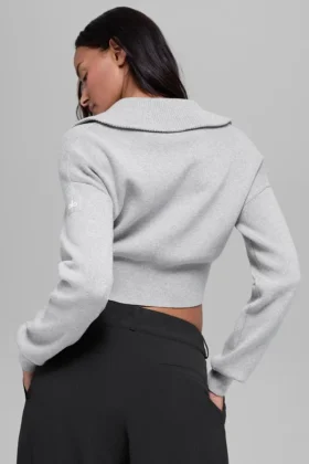 Chaqueta corta de punto «Scholar» con cremallera completa — Gris jaspeado deportivo