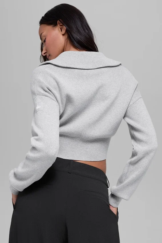 Chaqueta corta de punto «Scholar» con cremallera completa — Gris jaspeado deportivo