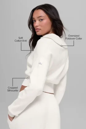 Chaqueta corta de punto Scholar con cremallera completa – Marfil