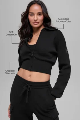 Chaqueta corta de punto Scholar con cremallera completa – Negro