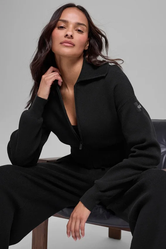 Chaqueta corta de punto Scholar con cremallera completa - Negro