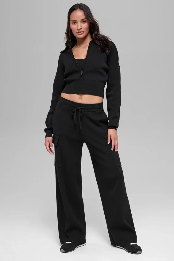 Chaqueta corta de punto Scholar con cremallera completa - Negro