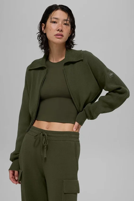Chaqueta corta de punto Scholar con cremallera completa - Verde oliva
