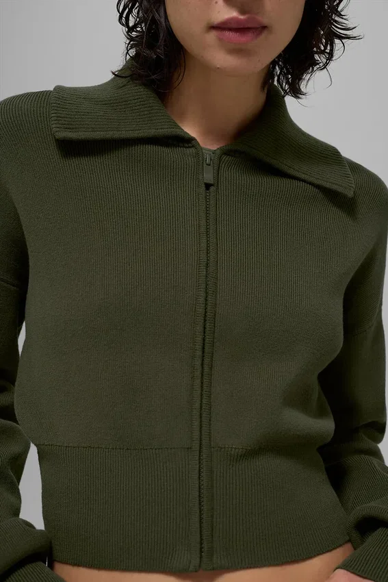 Chaqueta corta de punto Scholar con cremallera completa - Verde oliva
