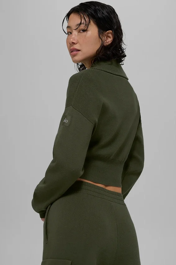 Chaqueta corta de punto Scholar con cremallera completa - Verde oliva