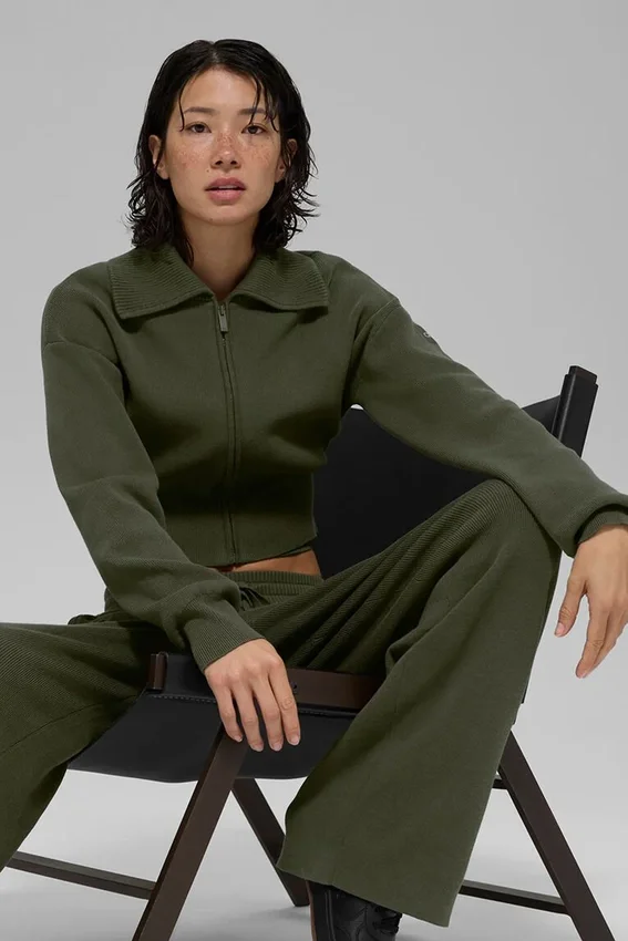 Chaqueta corta de punto Scholar con cremallera completa - Verde oliva