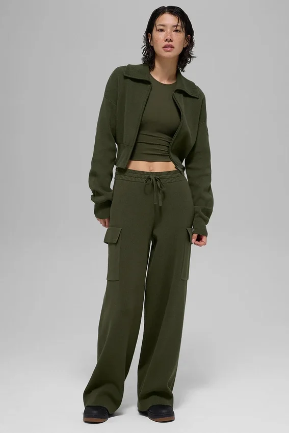 Chaqueta corta de punto Scholar con cremallera completa - Verde oliva