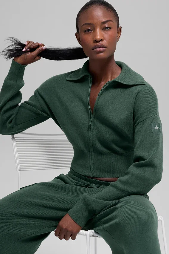 Chaqueta corta de punto Scholar con cremallera completa - Verde trébol