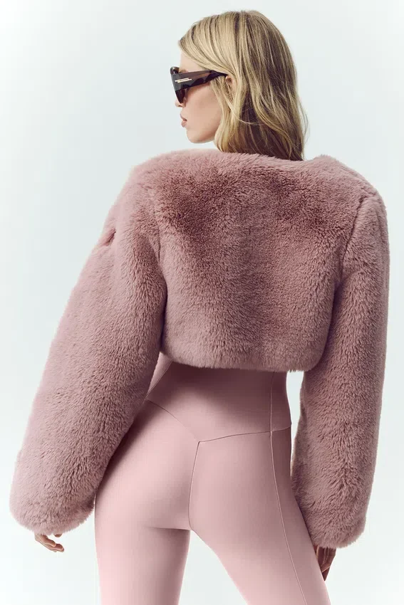 Chaqueta corta elegante de piel sintética - Rosa champán