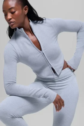 Chaqueta sin costuras de punto acanalado bicolor - Gris escarchado invernal