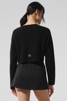Cárdigan de cachemira con tejido de gofre – Negro