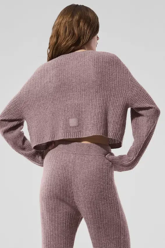 Cárdigan de cachemira de punto waffle mullido - Gris jaspeado
