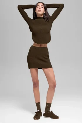Falda High-Waist de punto vaquero - Espresso/Negro
