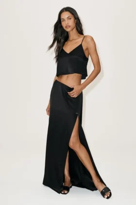 Falda larga de talle bajo «Radiance» de mezcla de seda – Negro