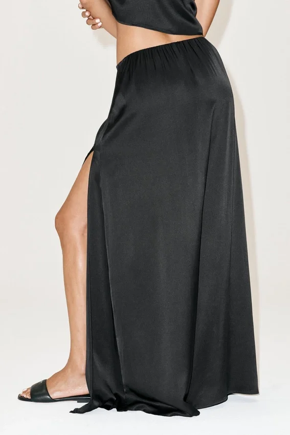 Falda larga de talle bajo «Radiance» de mezcla de seda - Negro