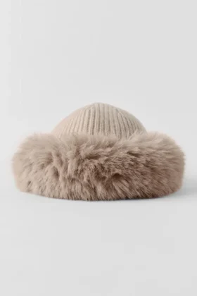 Gorro de cachemira con pelo sintético Courchevel – Gris avena jaspeado