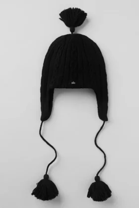 Gorro de invierno «Winter Bliss» con orejeras y punto trenzado - Negro