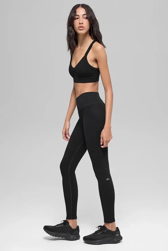 High-Waist Leggings sin costuras con ribete bicolor — Negro