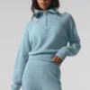 Jersey de cachemira con tejido de panal y cremallera de 1/4 — Azul celeste jaspeado
