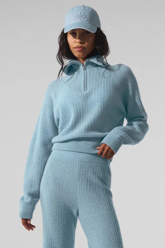 Jersey de cachemira con tejido de panal y cremallera de 1/4 — Azul celeste jaspeado