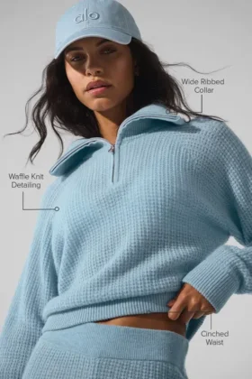 Jersey de cachemira con tejido de panal y cremallera de 1/4 — Azul celeste jaspeado