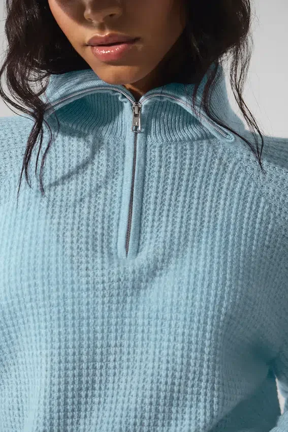 Jersey de cachemira con tejido de panal y cremallera de 1/4 — Azul celeste jaspeado