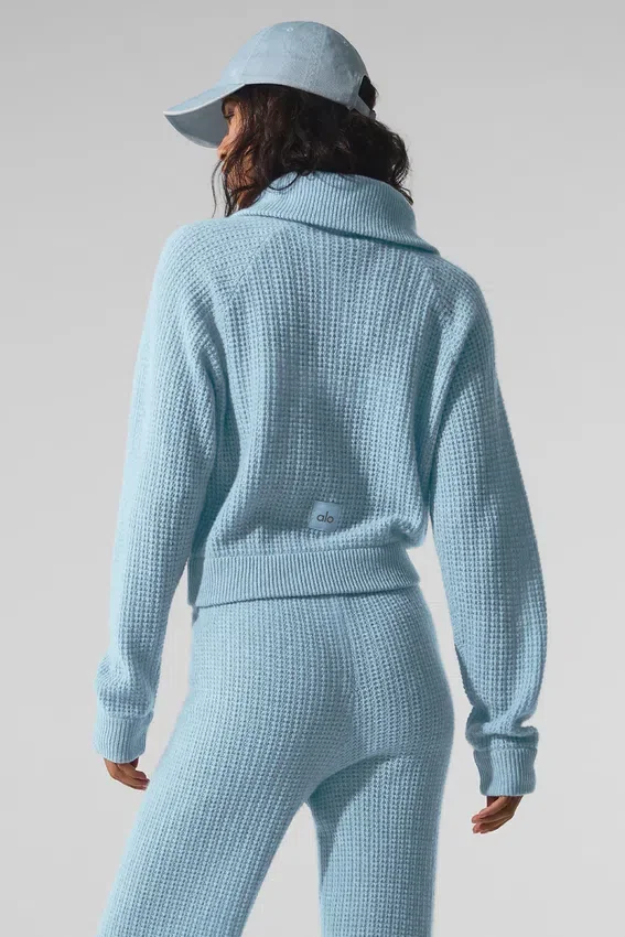 Jersey de cachemira con tejido de panal y cremallera de 1/4 — Azul celeste jaspeado