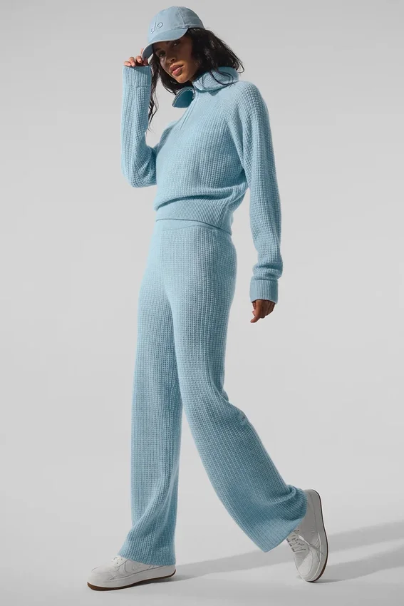 Jersey de cachemira con tejido de panal y cremallera de 1/4 — Azul celeste jaspeado