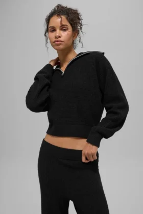 Jersey de cachemira de punto waffle con cremallera de 1/4 — Negro