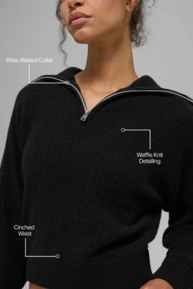 Jersey de cachemira de punto waffle con cremallera de 1/4 — Negro