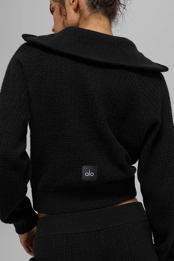 Jersey de cachemira de punto waffle con cremallera de 1/4 — Negro