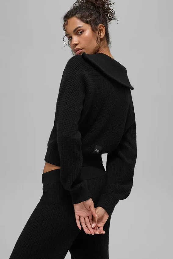 Jersey de cachemira de punto waffle con cremallera de 1/4 — Negro